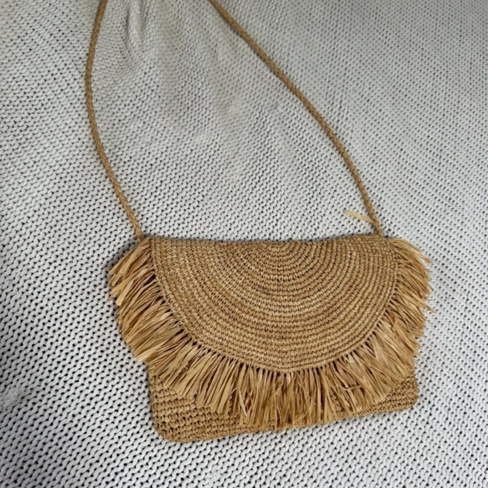 Boho beachy woven straw fringe‎ crossbody bag